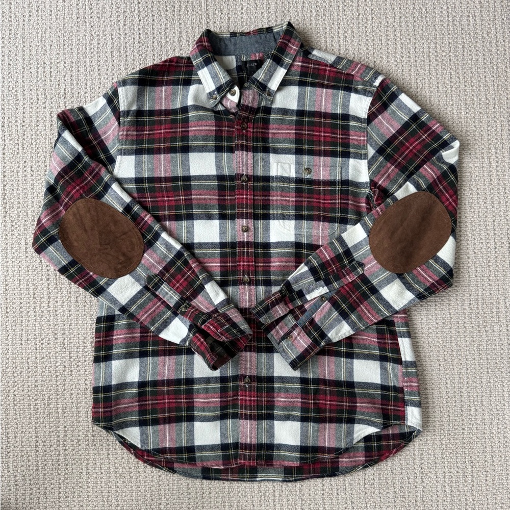 J Crew Plaid Cotton/Wool Shirt with Leather Elbow Patches